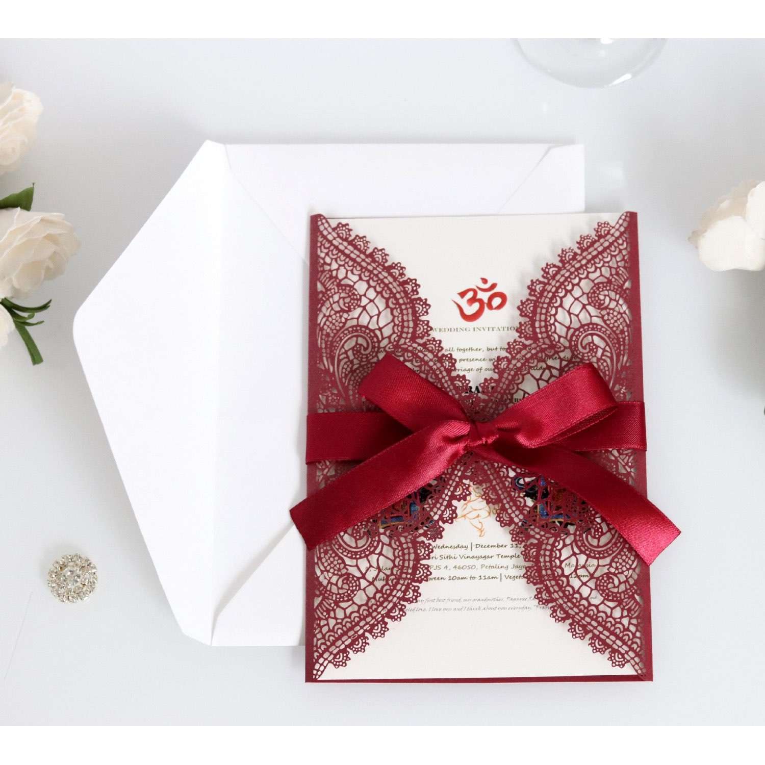 Wine Red Invitation Laser Wedding Invitation Card With Ribbon Bow
